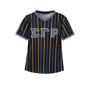 Maillot de baseball rayé noir SGRho jaune pour femme, chemise de sport de sororité, maillot d'équipe athlétique à boutons avec lettres grecques, personnalisable - Product Image 1