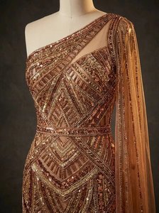 Vestido de Noche con Cuentas Pesadas, Diseño de Concha de Alta Gama, Vestido Formal con Escote Ilusión, Manga Larga, Estilo Sirena para Mujer - Product Image 3