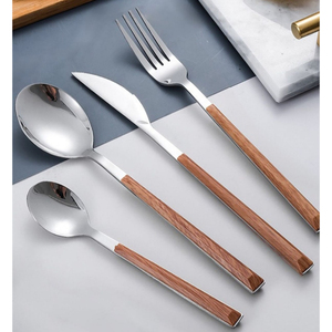 Couverts en bois et acier inoxydable de qualité supérieure, manche en bois moderne, finition miroir, durables, couteau, fourchette, cuillère, vaisselle - Product Image 1