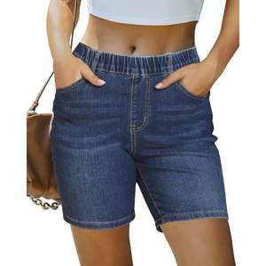 2025 Women's Trendy Straight <b>Jean</b> <b>Shorts</b> Summer Casual Long Stretch Denim Pull-On Mid Rise Elastic Waist Walking <b>Shorts</b> - Product Image 5