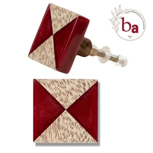 Pomo de Madera Geométrico Ba con Incrustaciones de Resina Roja, Tirador Moderno Ecológico Multifunción para Cajones de Hogar y Oficina, Duradero - Product Image 1