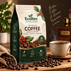 EcoRev Café Premium en Grano Tostado 340g Tueste Medio Granos Enteros Origen Único Ecológico Bolsa con Cierre Hermético Reutilizable - Product Image 1