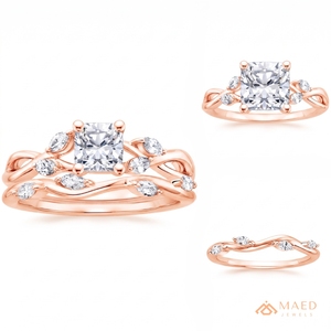 Parure de mariage en moissanite Cushion, bague de fiançailles ton or rose avec pierres marquise et alliances fluides, bijoux élégants pour les mariées - Product Image 1