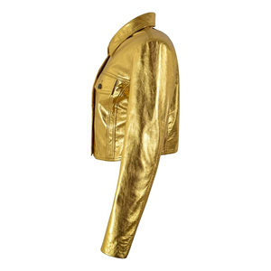 Women’s Metallic Genuine Soft Nappa Leather Cropped <b>Jacket</b> Gold <b>Silver</b> Slim Fit Button Front Denim Trucker Style Fashion <b>Jacket</b> - Product Image 5