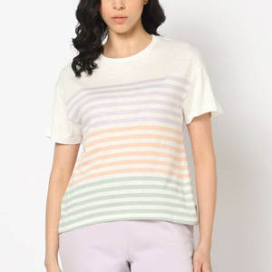 Camiseta de Manga Corta con Cuello Redondo para Mujer, Rayas de Colores Pastel, 100% Algodón Jersey, Ropa Casual de Primavera Verano - Product Image 1
