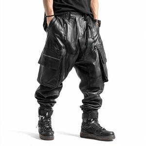 Pantalones Cargo Holgados de Cuero para Hombre, Cintura Alta con Cordón Ajustable, Cuero PU, Estilo Urbano, Personalizables, Múltiples Bolsillos - Product Image 3