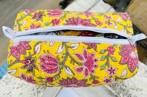 Handmade Quilted Cotton Travel <b>Makeup</b> Organizer Large Capacity Floral Block Printed Cosmet Pouch Zipper Lightweight <b>Case</b> - Product Image 6