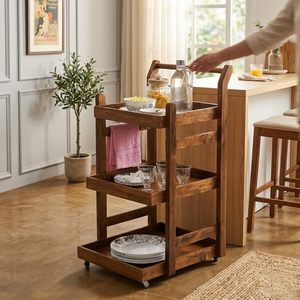 Chariot de service rustique en bois à 3 niveaux avec roulettes, chariot utilitaire roulant pour hôtel, maison, bar, cuisine - Product Image 5