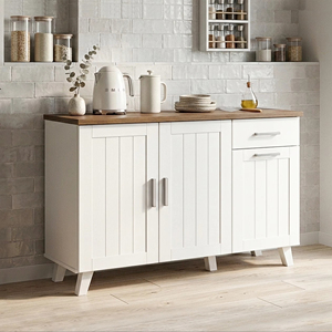 Mueble de Cocina Moderno de Aglomerado de Roble Blanco y Nogal Essence K409ZV(L) con Encimera de Aglomerado, Cajón, Estante para Panadería y Microondas - Product Image 1