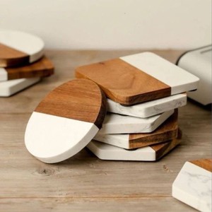 Luxury <b>White</b> Marble & Acacia Wood <b>Coaster</b> Set | Custom Logo | Wholesale Manufacturer - Product Image 1