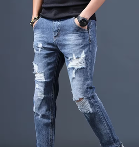 Jeans de Mezclilla para Hombre, Corte Slim Fit, Cintura Media, Desgastados, Estilo Casual, Pierna Recta, Algodón, Azul, para Otoño - Product Image 6
