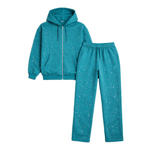 Men's Teal Rhinestone Hooded Tracksuit Full Length Casual Jogger Set Side Pockets Zipper Fly Regular Fit Autumn Wear - Product Image 4