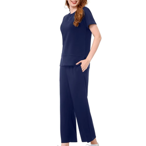Conjunto Deportivo Casual Azul Marino para Mujer, Manga Corta, Cuello Redondo, Corte Holgado, Pantalones hasta el Tobillo, Bolsillos Laterales, Ropa de Verano - Product Image 6