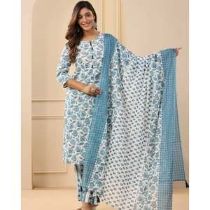 MEZCLA DE ALGODÓN DE DISEÑADOR ESTAMPADO TOP INFERIOR CON DUPATTA SKY - Product Image 1