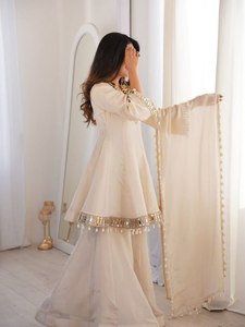 Ensemble Kurti Plazzo Premium Chinon Long Kali avec broderie miroir véritable et dupatta élégante - Product Image 5