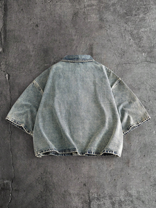 Mens Short Sleeve <b>Denim</b> Shirt Acid Wash Frog Button Oriental <b>Cropped</b> Boxy Streetwear Washed Vintage Custom Print OEM Supplier - Product Image 2