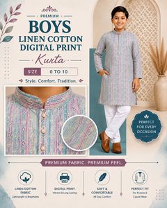 <b>Boys</b> <b>Kurta</b> Pajama Set Linen Cotton Digital Print Multicolor Stripe Geometric Ethnic Festive Wear Kids Indian Clothing 0-10 Years - Product Image 3