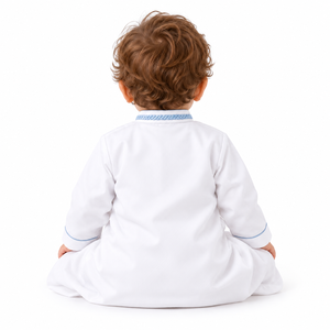 Qamis blanc pour bébés garçons, broderie bleue, manches longues, coupe ample, uni, longueur au sol, style islamique, pour nourrissons et tout-petits, musulman, Aïd, Ramadan, arabe - Product Image 2