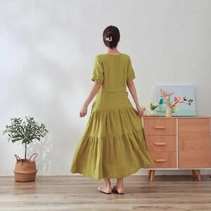 Robe midi d'été en lin biologique vintage, taille haute, manches cloche, teinte unie, en gaze douce et légère, pour la maison, naturelle - Product Image 2