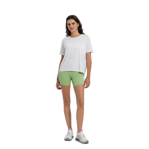 Camiseta de Manga Corta con Cuello Redondo Blanca para Mujer, Corte Regular, Color Sólido, Transpirable, Spandex/Nailon, Ecológica, Secado Rápido, para Yoga - Product Image 1