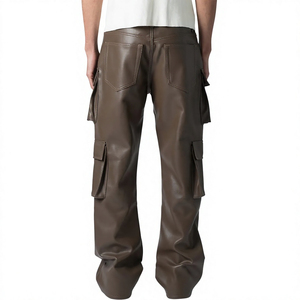 Men brown PU leather pants High waist biker <b>trousers</b> Zipper fly multiple pockets Windproof straight fit pants - Product Image 3