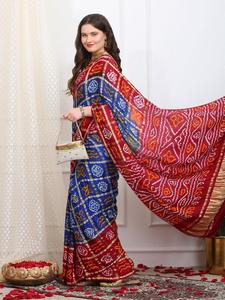 Sari de Seda Pura Ghatchola Bandhani, Sari Tradicional de Boda Gujarati y Rajasthani con Cuadros Zari - Product Image 3
