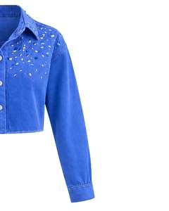 Chaqueta Vaquera Corta Azul Personalizada para Mujer con Cierre de Botones Frontales con Pedrería, Manga Larga, Estilo Urbano, Top para Fiesta - Product Image 4