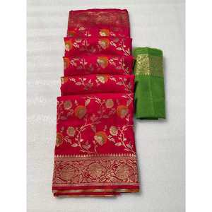 Sari attrayant en géorgette avec travail de tissage Zari Meenakari et blouse non cousue rose - Product Image 1