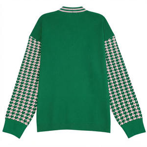 Cardigan vert tricoté à col en V avec imprimé lettres grecques et manches pied-de-poule pour femme, style preppy, manches longues - Product Image 4
