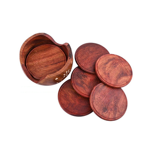 Juego de cinco posavasos redondos de madera hechos a mano con incrustaciones florales, con soporte, posavasos vintage para bebidas, artículo decorativo artesanal para mesa. - Product Image 2