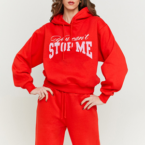 Sudadera con Capucha Roja para Mujer, Oversize, de Algodón Tejido, Casual, Estilo Pullover, Ropa Urbana para Otoño e Invierno, con Estampado de Letras - Product Image 1