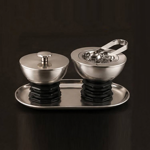 Metal <b>Silver</b> Incense <b>Burner</b> Set Featuring A Lidded Container, <b>Burner</b> Bowl With Tong On A Matching Tray For Aromatherapy Use - Product Image 1
