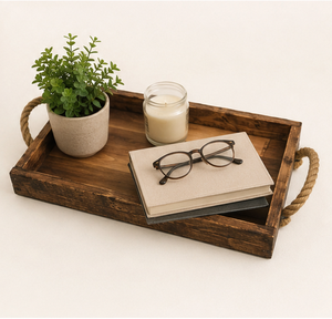 Bandeja de servir rectangular rústica de madera con asas de cuerda de yute duraderas, estilo rústico, bandeja de madera hecha a mano para mesa de café - Product Image 2