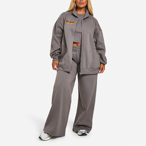 Unisex Plus Size Gray Eco-Friendly Polyester Tracksuit Set Full <b>Zip</b> <b>Hooded</b> Jacket Wide Leg Pants Casual Solid Loose Fit Winter - Product Image 1