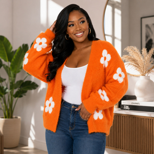 HMR Sisterhood Sorority Acrylic Custom Wholesale <b>Orange</b> Floral Knitted <b>Cardigan</b> Long Sleeve V-Neck Casual Top - Product Image 3