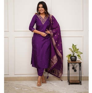 Best Women's Viscose Chanderi solid Straight Purple <b>Kurti</b> with Viscose Chanderi Pant And Jacquard Printed Dupatta Sets - Product Image 1