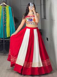 Designer Gamthi Work And Bandhani Print With Gota Patti Rayon Cotton Navratri <b>Lehenga</b> Choli Fully Stitched Ready To Wear Set - Product Image 1