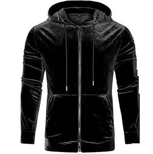 Men's <b>Black</b> Velvet <b>Zip</b>-Up <b>Hoodie</b> Regular Fit Casual Solid Color Polyester Knitted Digital Printing Eco-Friendly Autumn Wear - Product Image 1