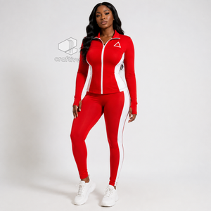 Delta | Sigma | Theta <b>Women's</b> Red Workout Set With <b>White</b> Contrast Side Panels Full Zip Jacket High Waist <b>Leggings</b> Activewear Set - Product Image 6