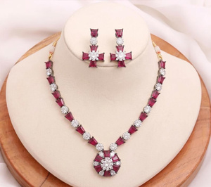 Imitation <b>Ruby</b> Pink Stone Vintage Style Brass Gold Plated Indian Bridal Wedding Jewelry Set with Choker <b>Necklace</b> and Earrings - Product Image 3