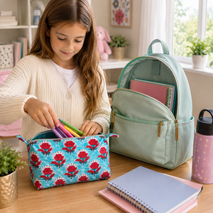 Premium Floral Blue Brown Jaipur Hand block print Quilted cotton toiletry bag Set of 3 Sustainable Non Toxic Dye Zip Closure - Product Image 5