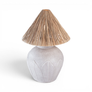Rustic Carved Ceramic LED Floor Lamp Pleated Raffia Shade Middle <b>Leaf</b> Pattern Pottery Urn Standing Bedside <b>Light</b> Wabi Sabi Home - Product Image 1