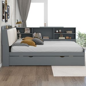Letto matrimoniale imbottito grigio con piattaforma in legno, letto estraibile, ripiani e testiera contenitore - Product Image 4