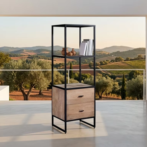 Kyu Modern Living Room High Quality <b>Solid</b> <b>Wood</b> 2-Drawer Storage Unit Minimalist Bookshelf with Black Frame - Product Image 5