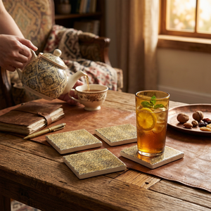 Ensemble de sous-verres en marbre faits à la main, sur mesure, avec impression damassée vintage or et bleu, sous-verres carrés en pierre naturelle - Product Image 4