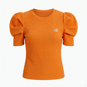 <b>Bubble</b> Short Sleeve Fashion Rhinestone Embellished Custom women's shirt Cotton Stretch Solid Crop T-Shirt Elegant Spring Summer - Product Image 3