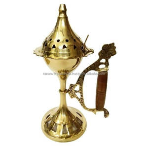 Quemador de incienso de latón para el hogar, purificador, con mango de madera, quemador de Dhoop Dhuni Sambrani, resina y para el hogar - Product Image 1