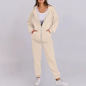 Ensemble de survêtement gris en coton pour femme, pantalon de survêtement long et sweat à capuche zippé, coupe décontractée, couleur unie, automne - Product Image 5
