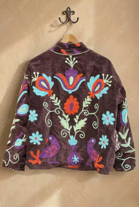 Chaqueta Bomber Reversible de Doble Cara, Hecha a Mano, Bordada, de Algodón y Terciopelo Suzani, con Patrón Floral Vintage, Otoño, OEM, ODM - Product Image 2