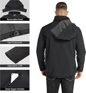 <b>Men's</b> <b>Black</b> Soft Shell Hooded Jacket Zip Fly Water Resistant <b>Windbreaker</b> Outdoor Wear Autumn Regular Fit Polyester Material - Product Image 5